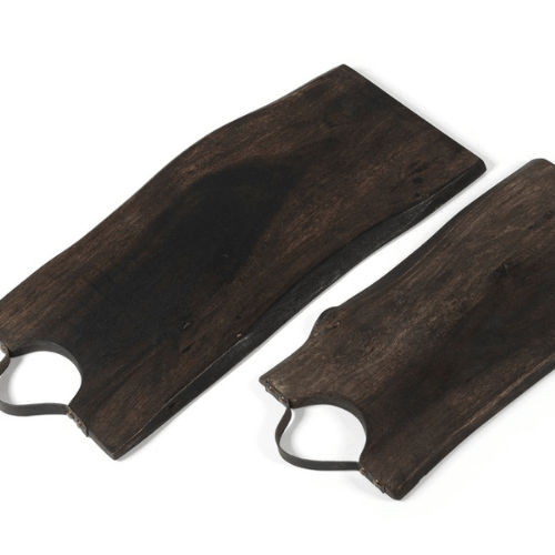 Set de plateaux en bois brut noirci - Poignée en cuir - Koddel.com