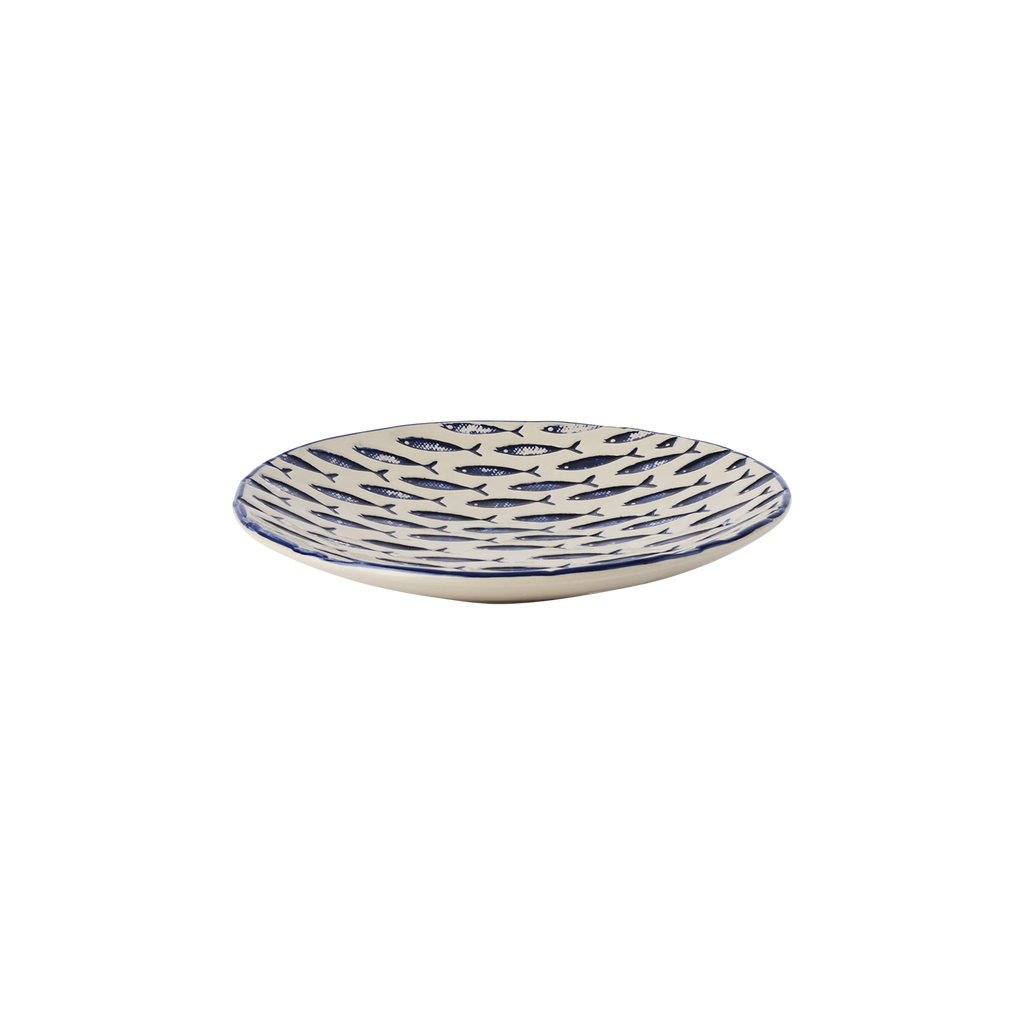 Assiette en grès beige et bleu - poissons bleus