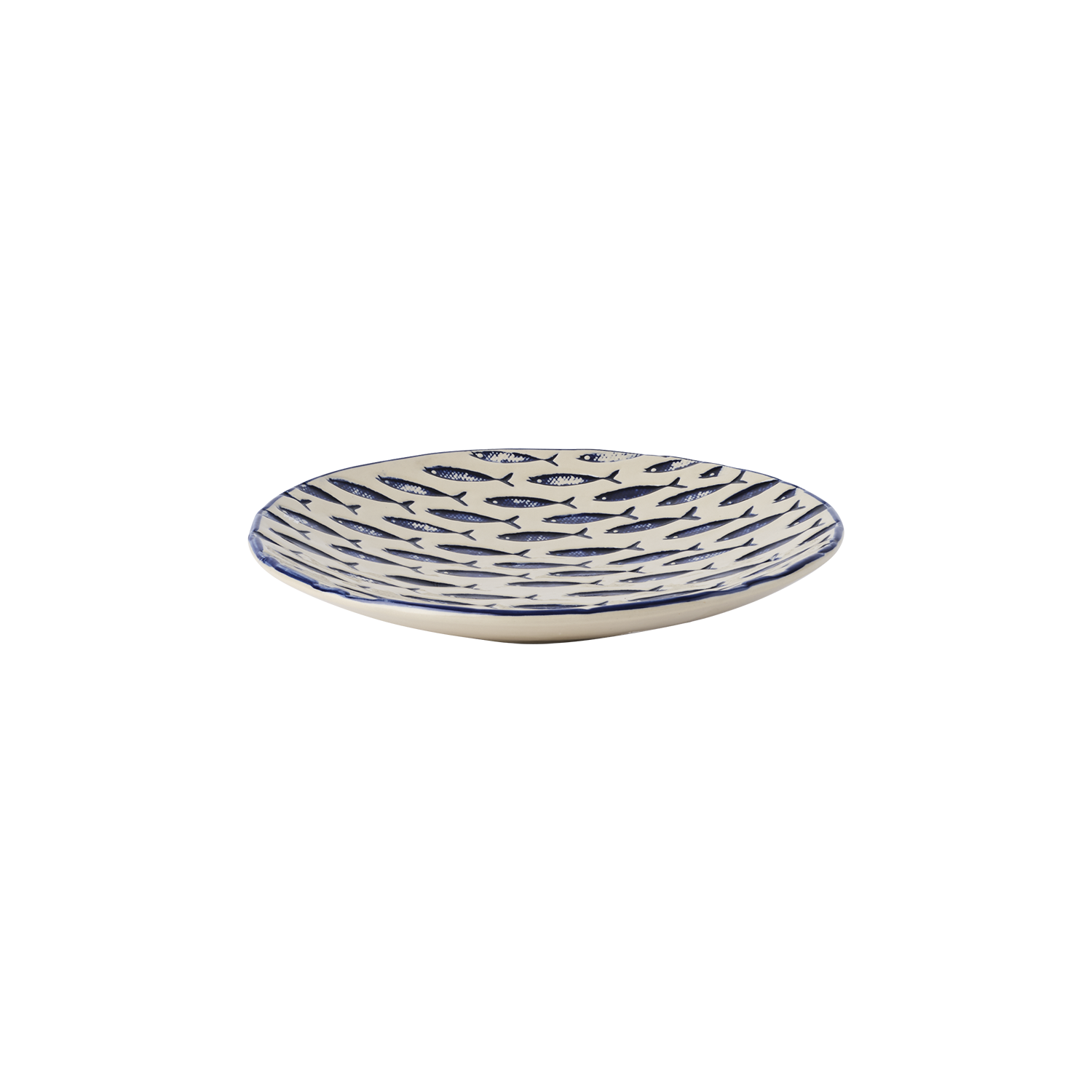 Assiette en grès beige et bleu - poissons bleus