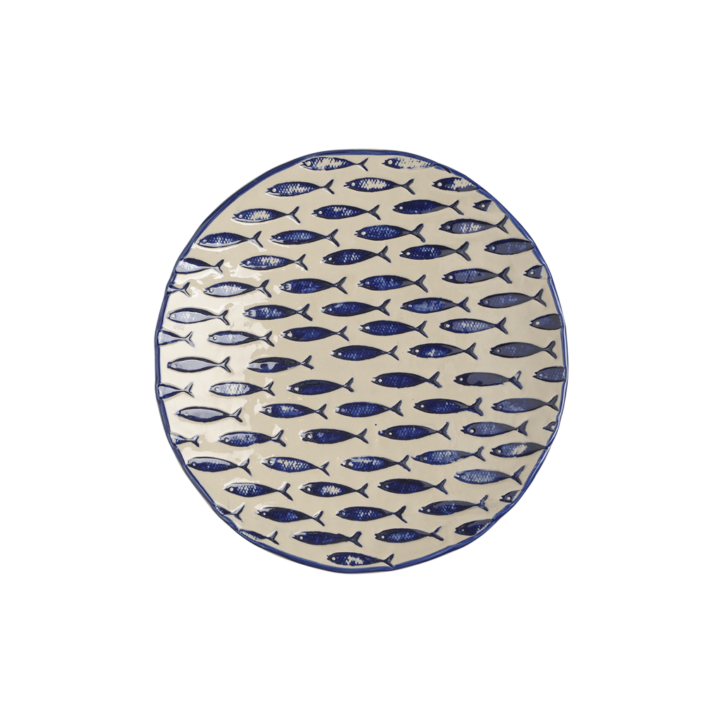 Assiette en grès beige et bleu - poissons bleus
