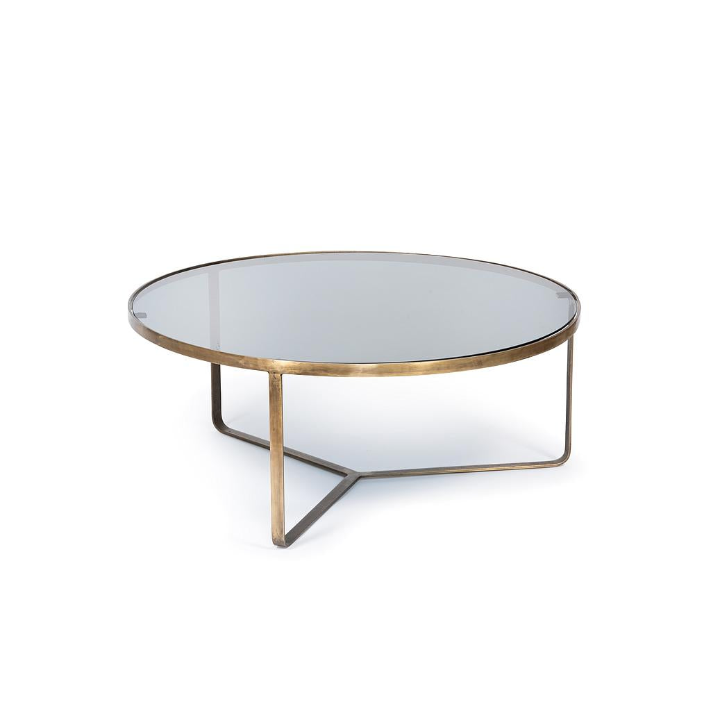 Table Basse – Plateau verre fumé & base métal laiton antique