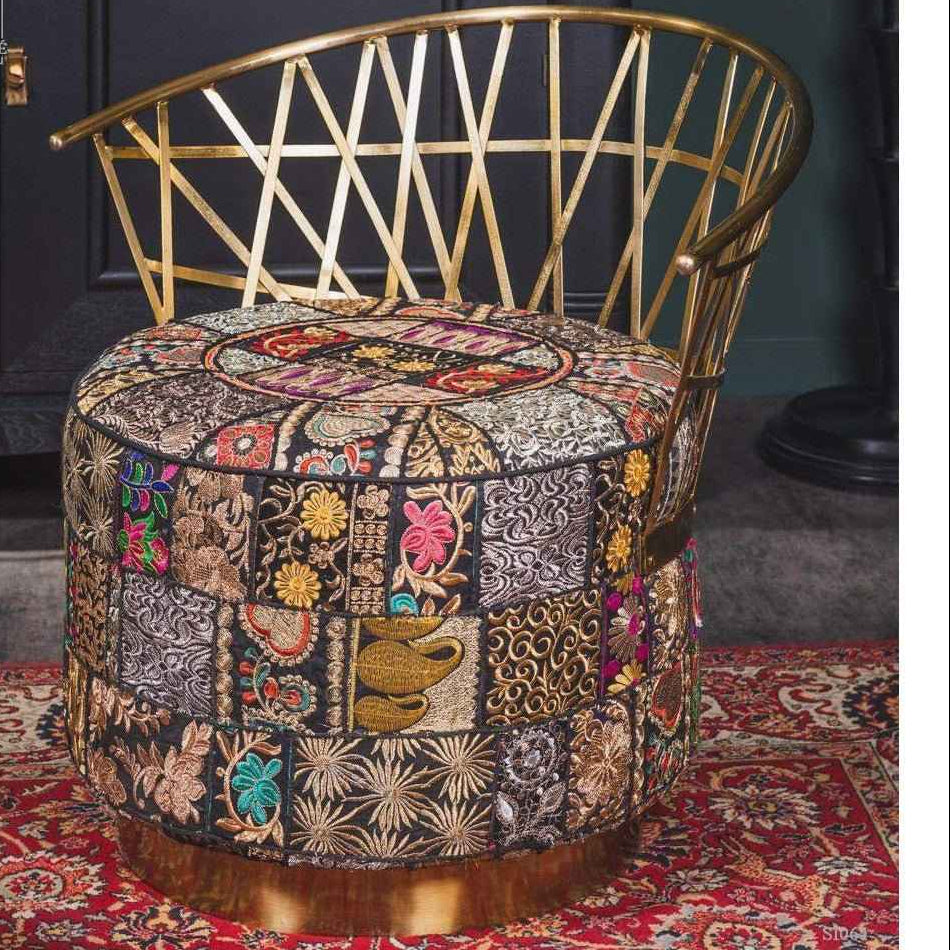 Fauteuil indien style Rajasthan laiton doré - Textiles cérémonie recyclés